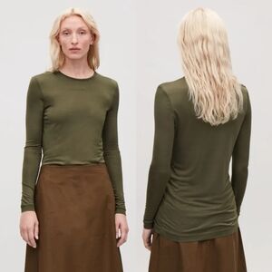 COS Brown Olive Green 100% Silk Long Sleeve Top Office Layering